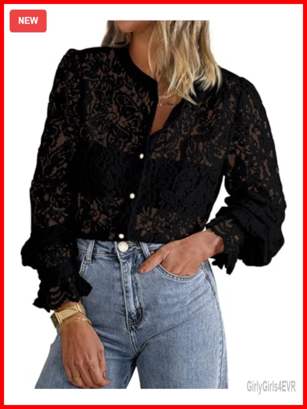 Women's Lace Long Sleeve Button Up Blouse Crewneck Fall Work Top